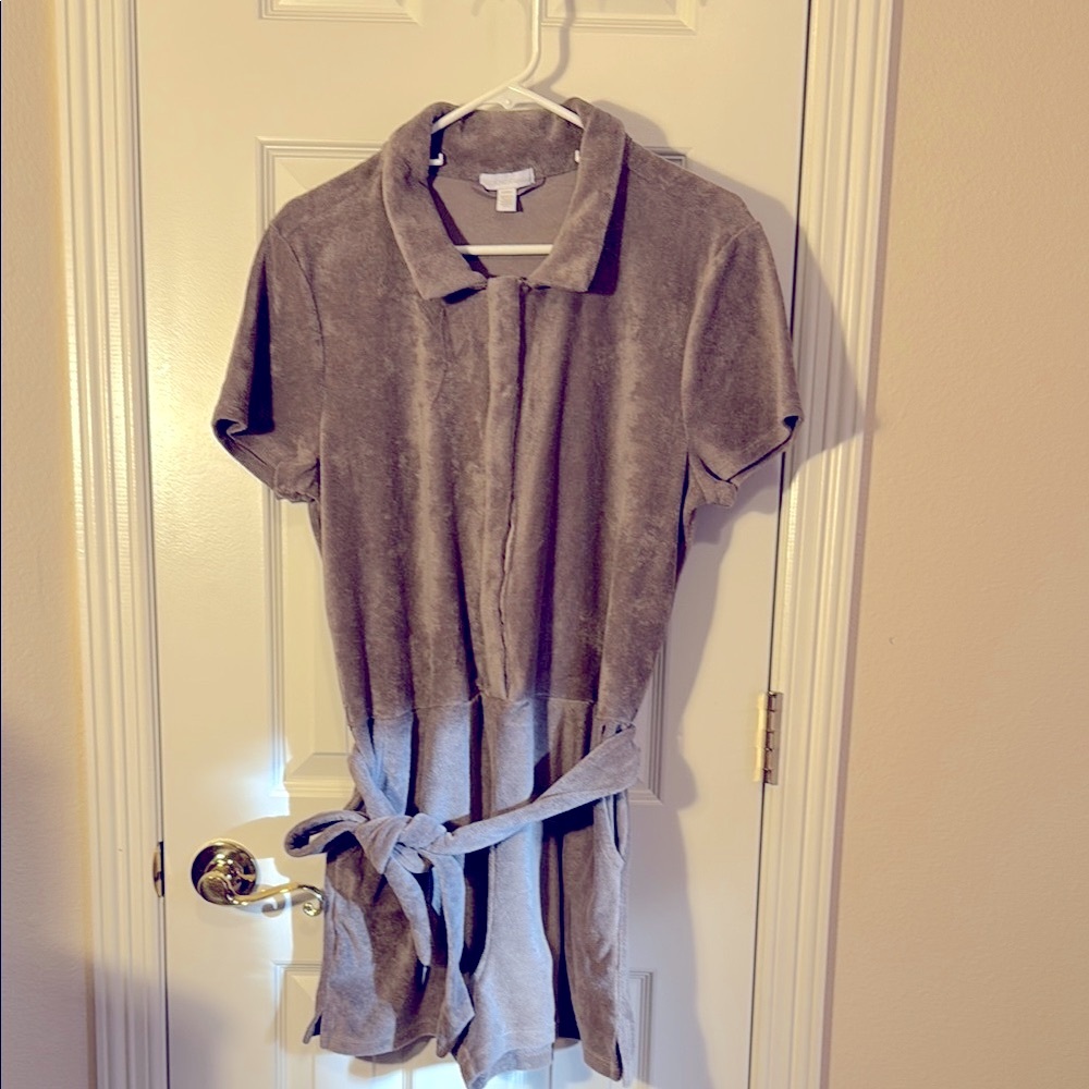 Beyond yoga, Brown Short Sleeve Terry cloth, belted, romper, size large